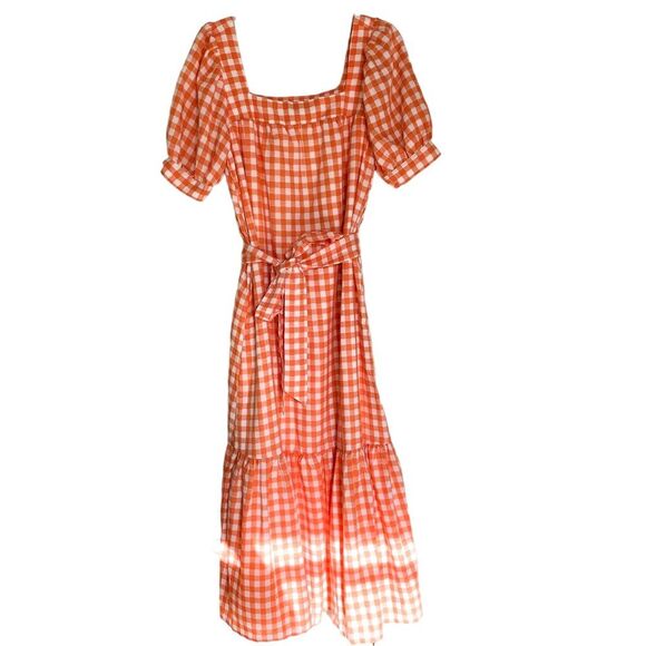 Emory Park Orange White Gingham Puff Sleeve Midi Tie Waist Dress Size Small - Picture 1 of 12